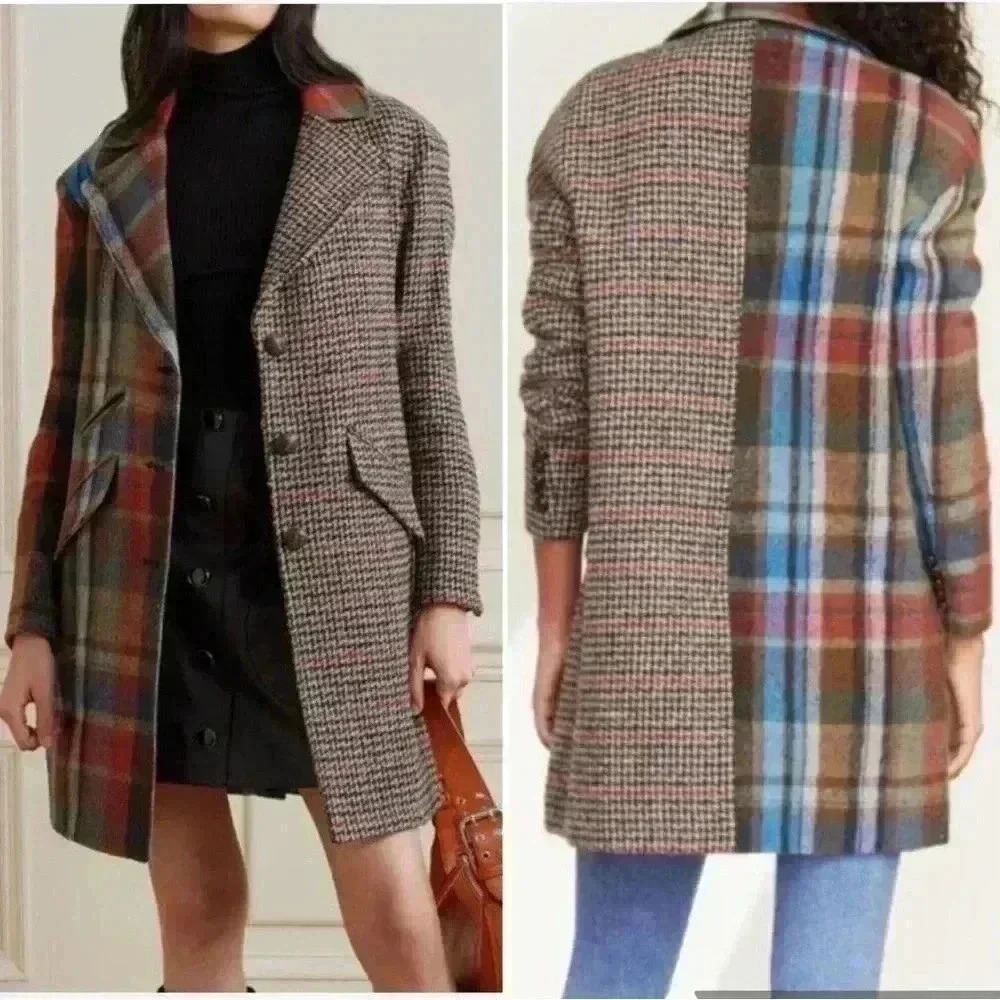 VERONICA BEARD Dickey Jacket Long Over Coat Wool Plaid Patchwork XS 0 2 $1200